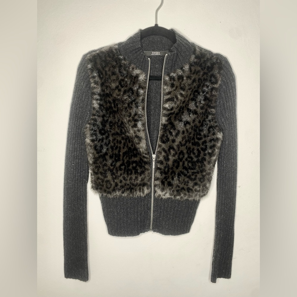Guess Sweater Faux Fur Jacket Animal Print With Zipper